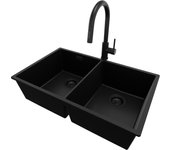 Primagran fregadero bajo encimera todo negro 76x47cm, fregadero granito 2 senos + sifón + accesorios, fregadero cocina al mueble 80cm - london twin