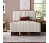 Cama individual tapizada 90 x 200 cm, con somier de láminas y cabecero regulable, cama tapizada gris-beige, tejido de lino