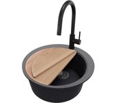 Primagran fregadero granito circular grafito 53x53cm, fregadero cocina 1 seno + sifón + accesorios, fregadero sobre encimera al mueble 50cm