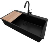 Primagran fregadero granito todo negro 88x50cm, fregadero cocina 1 seno + sifón + accesorios, fregadero sobre encimera al mueble 90cm - oslo