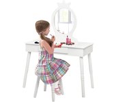 Tocador infantil con espejo en forma de corona (incluye mesa de maquillaje y taburete), 1 cajón, accesorio de maquillaje, estilo princesa, blanco