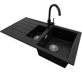 Primagran fregadero granito negro 90x50cm, fregadero cocina 1,5 senos + sifón + accesorios, fregadero sobre encimera al mueble 60cm - copenhague duo