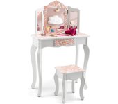 Tocador infantil de madera, tocador de maquillaje princesa con taburete y espejo, placa extraíble, mesa de cosméticos con cajón, 60 x 27,5 x 97,5 cm