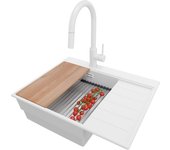 Primagran fregadero granito todo blanco 62x50cm, fregadero cocina 1 seno + sifón + accesorios, fregadero sobre encimera al mueble 45cm - sydney