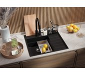Primagran fregadero cocina negro metallic 62x53cm, fregadero granito 1 seno + sifón + accesorios, fregadero sobre encimera al mueble 45cm
