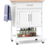 Carro de isla de cocina, carro de utilidad rodante con encimera de madera de caucho, cajón y armario, bastidor para toallas, servicio portátil (blanco