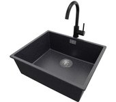 Primagran fregadero bajo encimera grafito 56x47cm, fregadero granito 1 seno + grifo 32x20cm + sifón, fregadero cocina al mueble 60cm - london