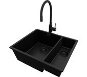 Primagran fregadero granito todo negro 56x47cm, fregadero cocina 1,5 senos + sifón + accesorios, fregadero sobre encimera al mueble 60cm