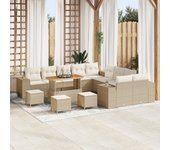 Conjunto de sofá de jardín de 14 piezas con cojines beige de poliratán y acacia, conjunto de comedor de jardín de 4 piezas con cojines beige de polira