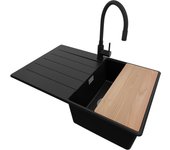 Primagran fregadero granito negro 78x50cm, fregadero cocina 1 seno + sifón + accesorios, fregadero sobre encimera al mueble 45cm - copenhague