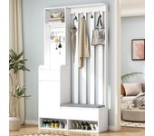 Mueble de entrada multifuncional con banco acolchado, panel perforado, zapatero y 4 ganchos – h180xl100xp35 cm, robusto y práctico