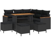 Conjunto de sofás de jardín de 9 piezas con cojines negro poliratán acacia, conjunto de comedor de jardín de 4 piezas con cojines negro poliratán acac