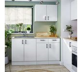 Pack de muebles de cocina kira modular en blanco brillo y roble canadian fregadero 4 módulos puertas cajones estantes