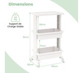 Carrito con ruedas de 3 niveles, 2 ruedas con cerradura, 2 cestas de almacenamiento y bandeja ranurada, carrito con ruedas para baño, 45x30x81cm