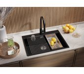 Primagran fregadero cocina negro 68x50cm, fregadero granito 1 seno + sifón + enrollable escurridor, fregadero sobre encimera al mueble 70cm - oslo
