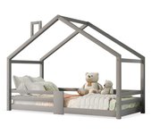 Cama casita para niños con instalación anticaída, 90 x 200 cm, somier de pino robusto - sin colchón, gris