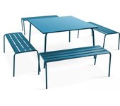 Mesa de jardín cuadrada y 4 bancos de metal azul pacífico, palavas - oviala