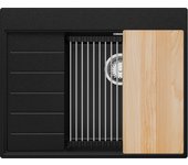 Primagran fregadero cocina negro 62x50cm, fregadero granito 1 seno + sifón + accesorios, fregadero sobre encimera al mueble 45cm - sydney