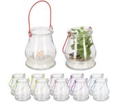 Relaxdays pack 12 portavelas vidrio con asas de colores, faroles sobremesa interior o exterior, 10x8,5 cm, transparente
