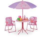 Relaxdays mobiliario infantil jardín, estampado unicornio, sombrilla de playa, sillas plegables, mesa para niños, rosa