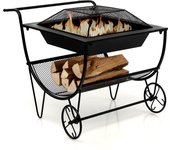 Chimenea con ruedas, estufa de leña para terraza con estante de almacenamiento, bandeja de fuego para exteriores, estante portátil para leña, negro