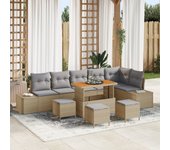 Conjunto de sofá de jardín de 10 piezas con cojines de poliratán beige acacia, sofá de jardín de 2 plazas con cojines de poliratán beige, conjunto de