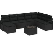 Conjunto de sofá de jardín de 9 piezas con cojines beige poly rattan, sofá de jardín de 2 plazas con cojines negro poly rattan