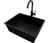 Primagran fregadero bajo encimera todo negro 56x44cm, fregadero granito 1 seno + sifón + accesorios, fregadero cocina al mueble 60cm - venecia easy