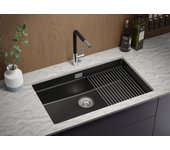 Primagran fregadero bajo encimera negro metallic 76x47cm, fregadero cocina 1 seno + sifón + accesorios, fregadero granito al mueble 80cm - prague