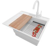 Primagran fregadero granito todo blanco 62x53cm, fregadero cocina 1 seno + sifón + accesorios, fregadero sobre encimera al mueble 45cm