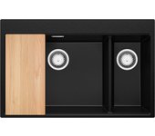 Primagran fregadero cocina negro 78x50cm, fregadero granito 2 senos + sifón + tabla de cortar, fregadero sobre encimera al mueble 80cm - oslo duo