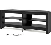 Mueble de tv esquinero con toma de corriente, banco de tv con 4 compartimentos abiertos, para televisores de hasta 65 pulgadas, dormitorio (negro)