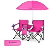 Juego de 2 sillas de camping plegables con sombrilla, portavasos y nevera portátil, para 2 personas, silla plegable de doble asiento (rosa).