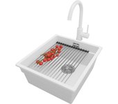 Primagran fregadero bajo encimera blanco 41x47cm, fregadero granito 1 seno + sifón + accesorios, fregadero cocina al mueble 45cm - prague
