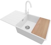 Primagran fregadero granito blanco 90x50cm, fregadero cocina 1 seno + sifón + accesorios, fregadero sobre encimera al mueble 60cm - copenhague
