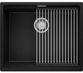 Primagran fregadero cocina negro metallic 56x47cm, fregadero granito 1 seno + sifón + accesorios, fregadero sobre encimera al mueble 60cm