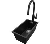 Primagran fregadero granito negro metallic 26x47cm, fregadero cocina 1 seno + sifón + accesorios, fregadero sobre encimera al mueble 30cm