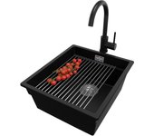 Primagran fregadero bajo encimera negro 41x47cm, fregadero granito 1 seno + sifón + accesorios, fregadero cocina al mueble 45cm - prague