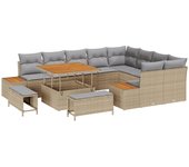 Conjunto de sofás de jardín de 12 piezas con cojines beige de ratán sintético acacia, conjunto de comedor de jardín de 3 piezas con cojines beige de r