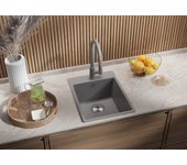 Primagran fregadero cocina gris 38x50cm, fregadero granito 1 seno + sifón, fregadero sobre encimera al mueble 40cm - riga