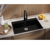 Primagran fregadero cocina negro 78x50cm, fregadero granito 1 seno + sifón, fregadero sobre encimera al mueble 80cm - riga