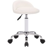Taburete de trabajo con ruedas, regulable en altura, soporte de metal, asiento sintético blanco tabo10191