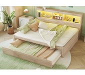 Cama nido de 140x200cm con cama nido de 90x190cm - mesita de noche con almacenaje, led y enchufes - natural