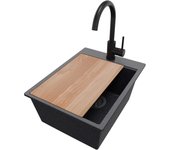 Primagran fregadero granito grafito 38x50cm, fregadero cocina 1 seno + sifón + accesorios, fregadero sobre encimera al mueble 40cm - oslo