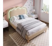 Cama tapizada led cama individual 90 x 190 cm, estructura de cama con somier y cabecero regulable, cama tapizada en beige