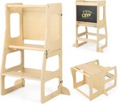 Torre de apendizaje para niños con pizarra, taburete plegable 2 en 1 con barandilla de seguridad, ayudante para encimera, 68x40x91cm, carga hasta 60kg