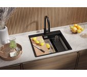 Primagran fregadero cocina negro 58x53cm, fregadero granito 1 seno + sifón + accesorios, fregadero sobre encimera al mueble 60cm - oslo max