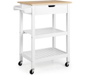 Carrito de cocina de 3 niveles con cajón y estantes, carrito de bambú para encimera, blanco