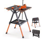 2 en 1 banco de trabajo plegable y caballete, mesa de trabajo portátil de altura ajustable, con 2 abrazaderas rápidas y accesorios prácticos,