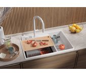 Primagran fregadero cocina blanco 78x53cm, fregadero granito 2 senos + sifón + accesorios, fregadero sobre encimera al mueble 80cm - paris